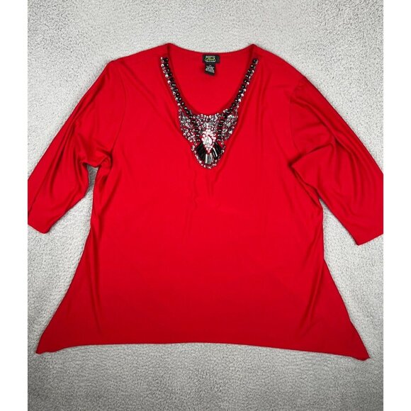 Shannon Ford New York Tunic Top Red Beaded Size 3X Loose Fit 3/4 Sleeve Stretch - Picture 1 of 8